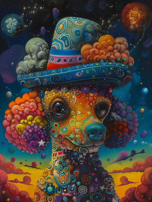 Colorful space Poodle dog with a hat Expressive surreal Poster # F025405