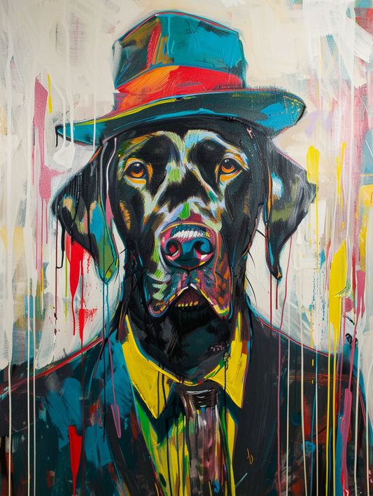 colorful space Labrador Retriever dog with a hat Expressive surreal Poster # F025598