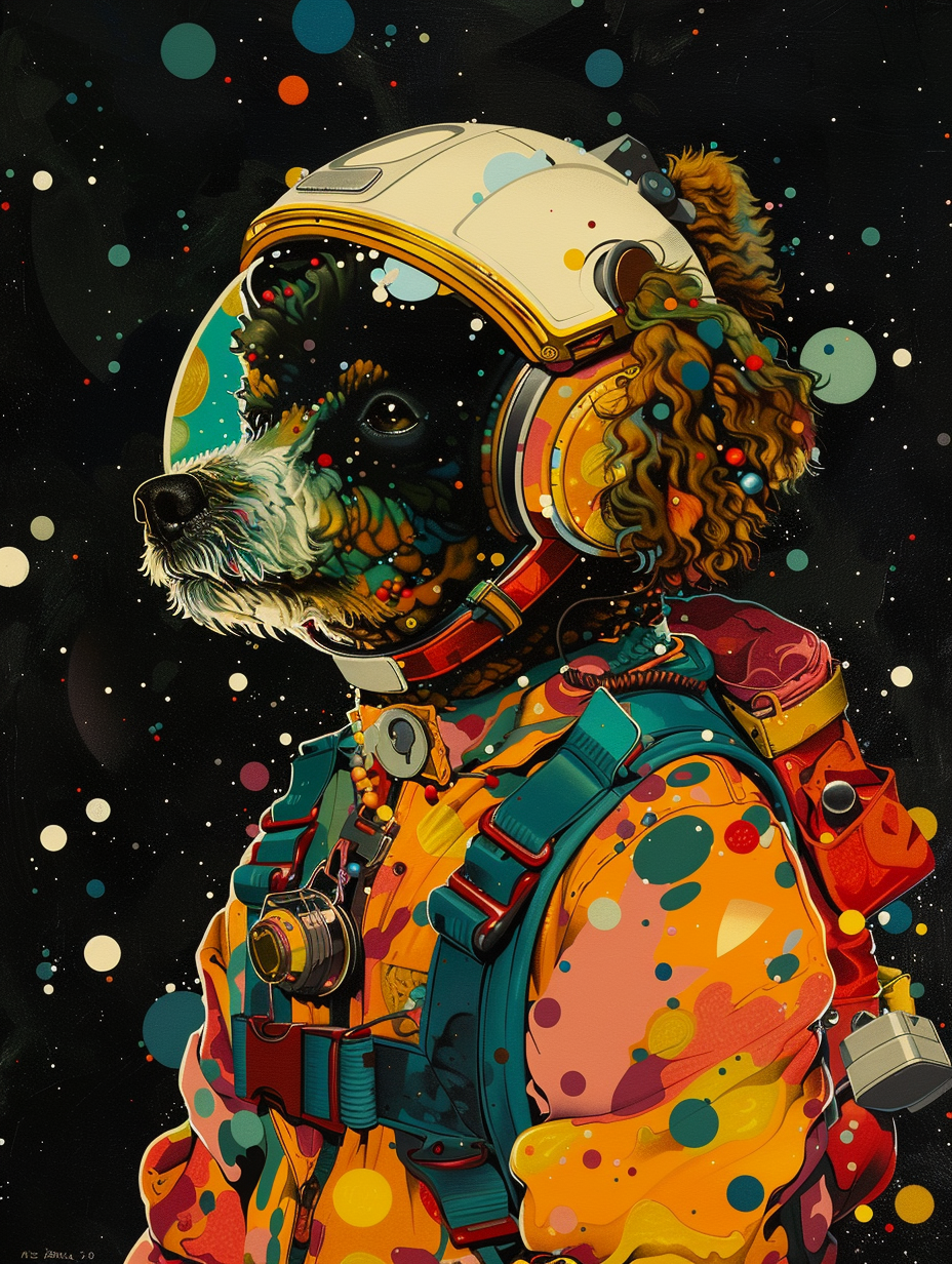 Colorful space Poodle dog with a hat Expressive surreal Poster # F024531