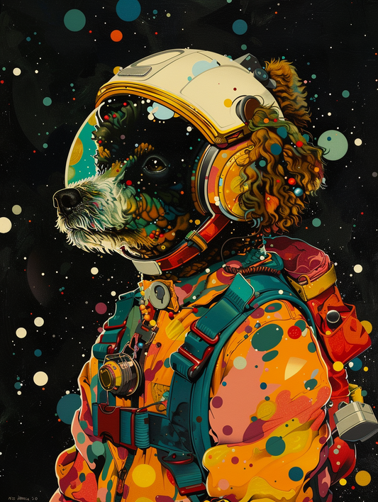 Colorful space Poodle dog with a hat Expressive surreal Poster # F024531