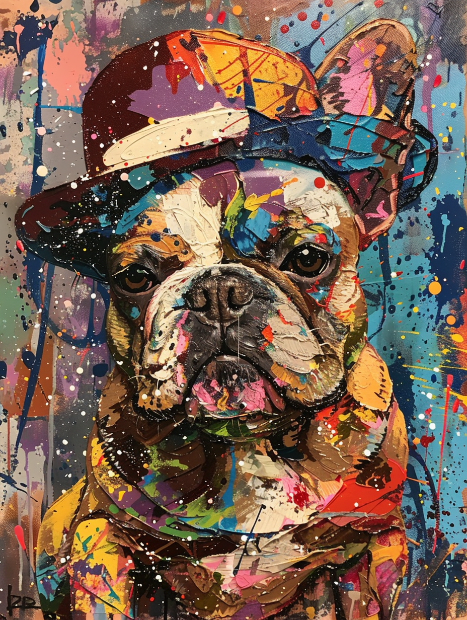 Colorful space French Bulldog dog with a hat Expressive surreal Poster # F025523