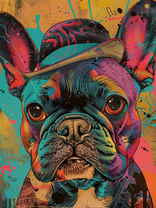 Colorful space French Bulldog dog with a hat Expressive surreal Poster # F025521