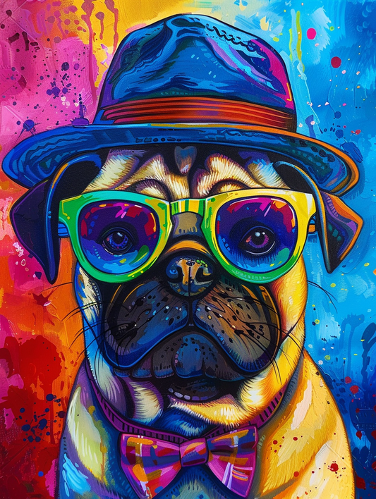 Colorful space Pug dog with a hat Expressive surreal Poster # F024990