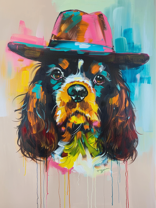colorful space Cocker Spaniel dog with a hat Expressive surreal Poster # F025514