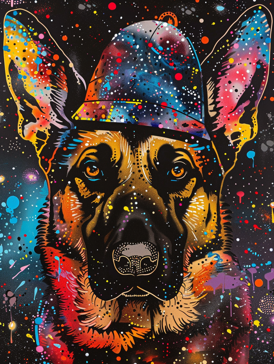 Colorful space German Shepherd dog with a hat Expressive surreal Poster # F025170
