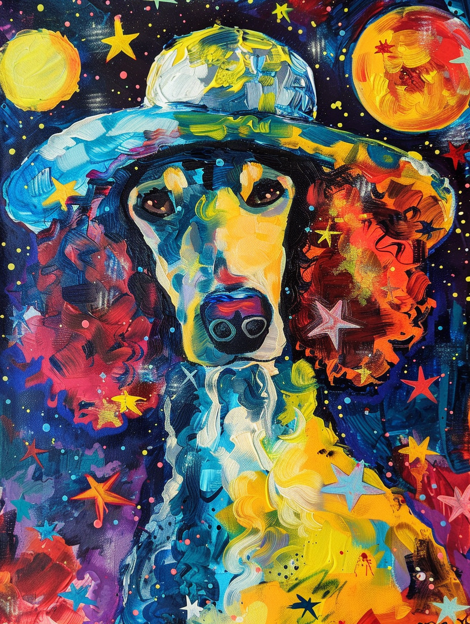 Colorful space Poodle dog with a hat Expressive surreal Poster # F025433