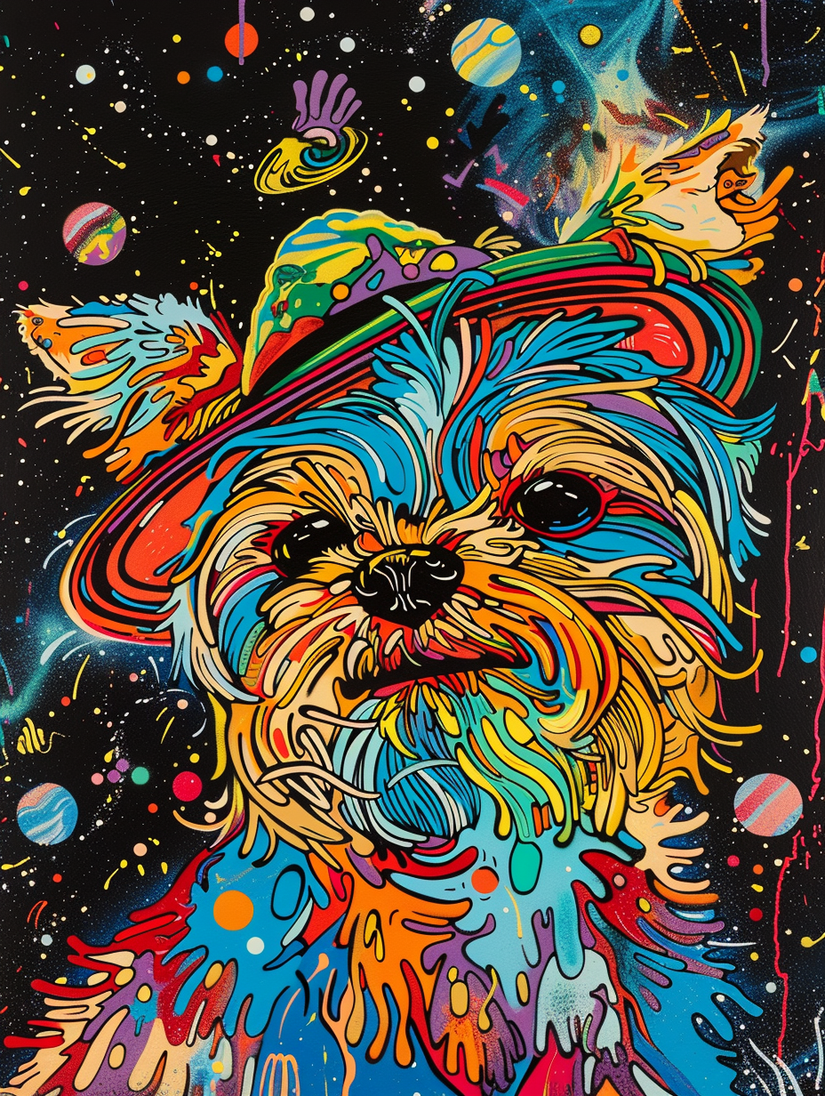 Colorful space Yorkshire Terrier dog with a hat Expressive surreal Poster # F024882