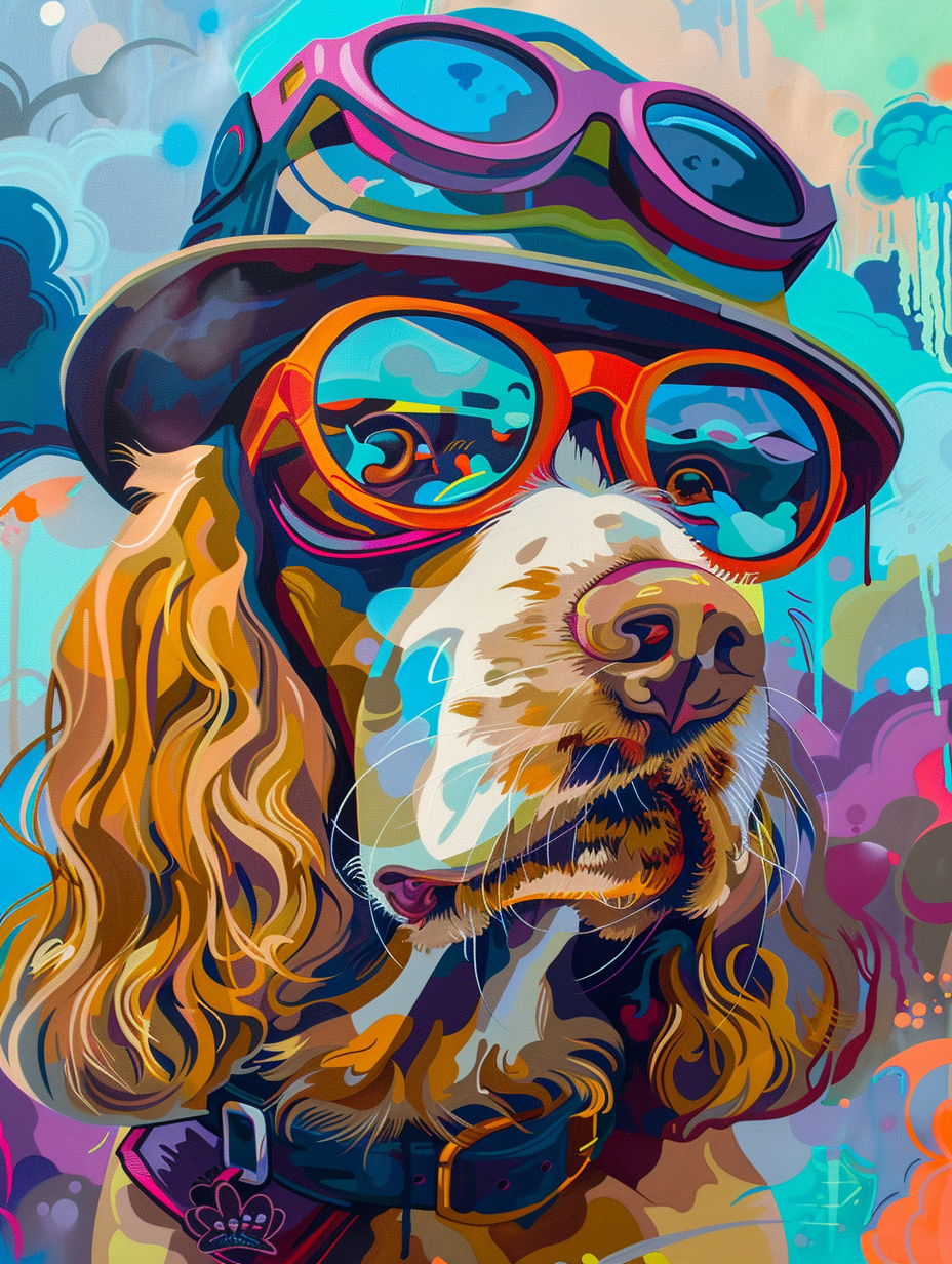 Colorful space Cocker Spaniel dog with a hat Expressive surreal Poster # F024420