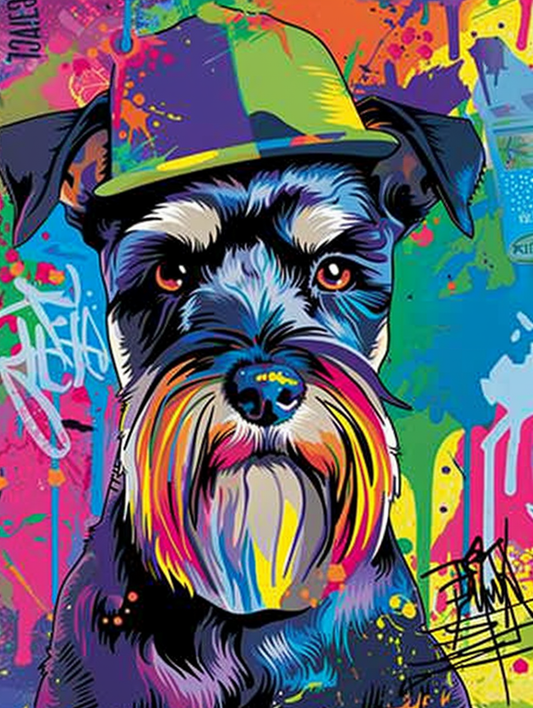 Colorful space Miniature Schnauzer dog with a hat Expressive surreal Poster # F025200