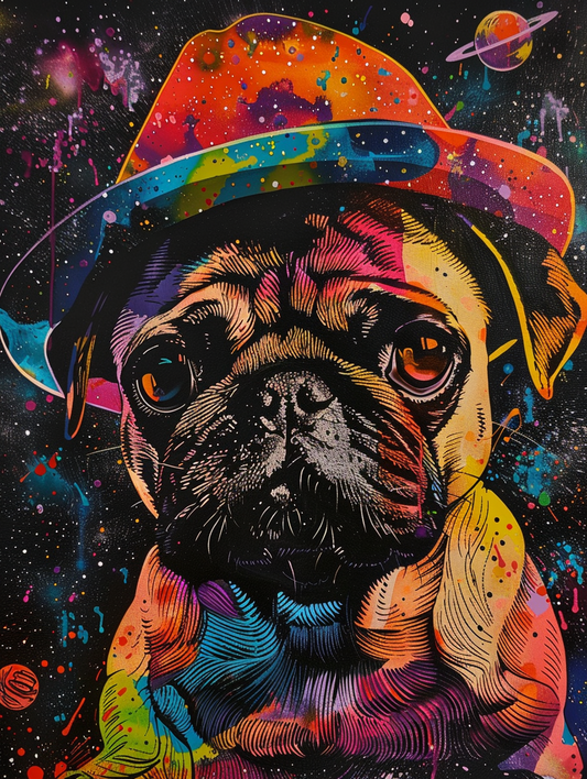 Colorful space Pug dog with a hat Expressive surreal Poster # F024978