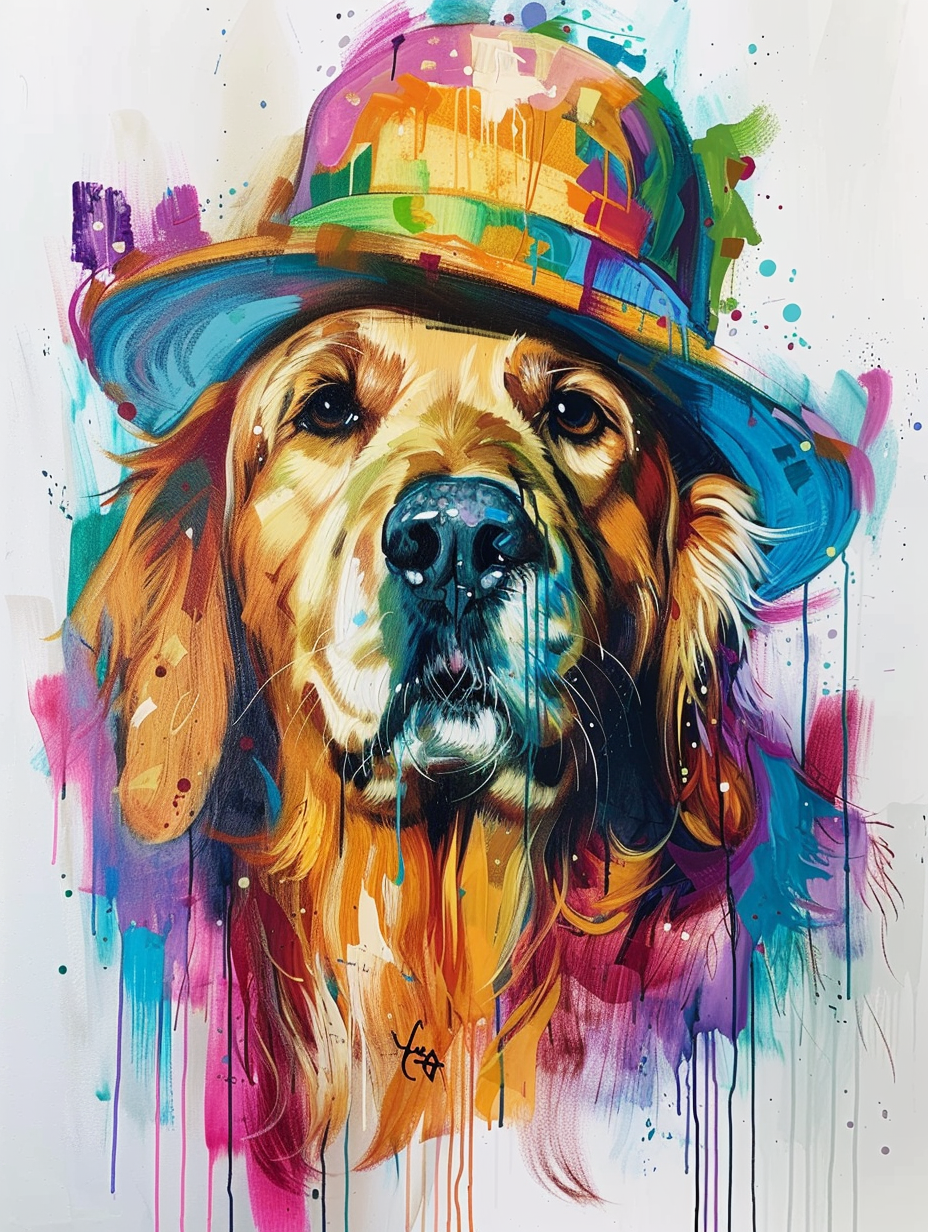 Colorful space Golden Retriever dog with a hat Expressive surreal Poster # F024485