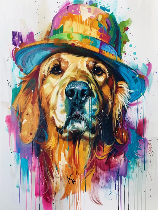 Colorful space Golden Retriever dog with a hat Expressive surreal Poster # F024485