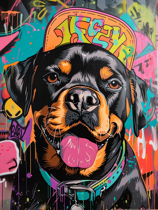 Colorful space Rottweiler dog with a hat Expressive surreal Poster # F025584