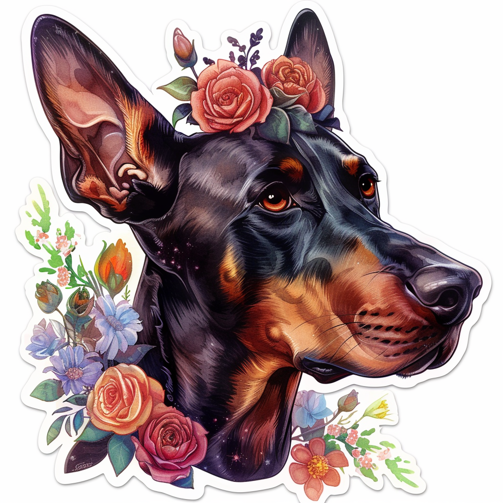Adorable Doberman Pinscher Dog with Expressive surreal Vinyl Decal Sticker for Car, Laptop, Tumbler and more # F019655-4" x 4"