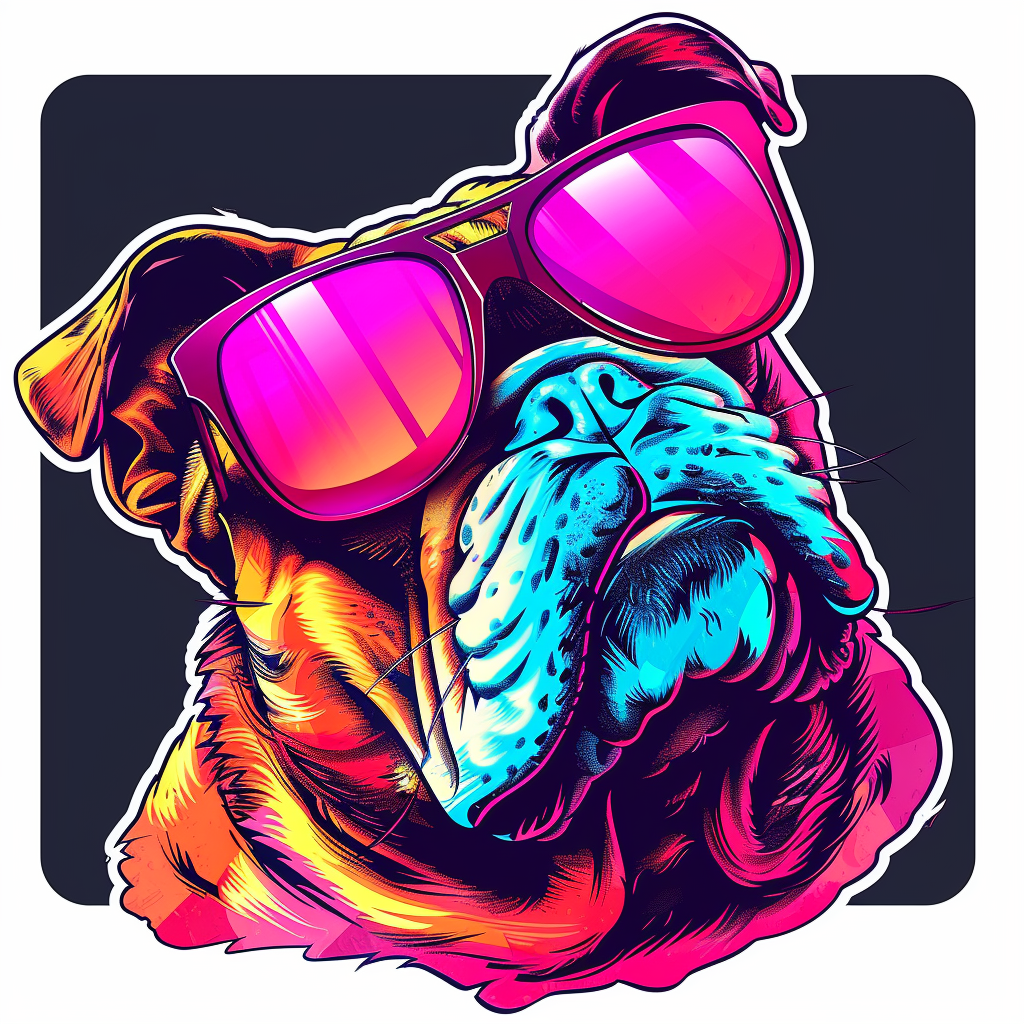 Bulldog Cool Neon Party in sunglasses Expressive surreal Vinyl Decal Sticker for Car, Laptop, Tumbler and more # F018058