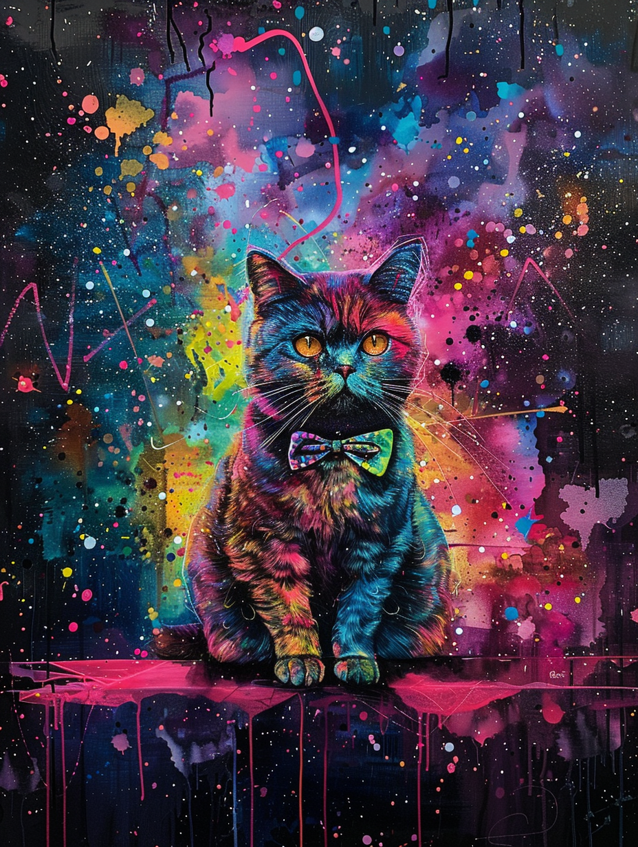 Colorful space British Shorthair cat with a bow ti Expressive surreal Poster # F024707