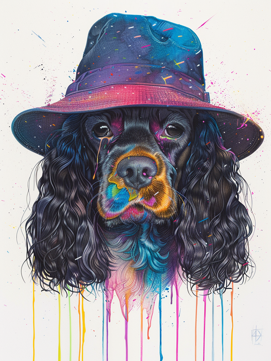 Colorful space Cocker Spaniel dog with a hat Expressive surreal Poster # F025138