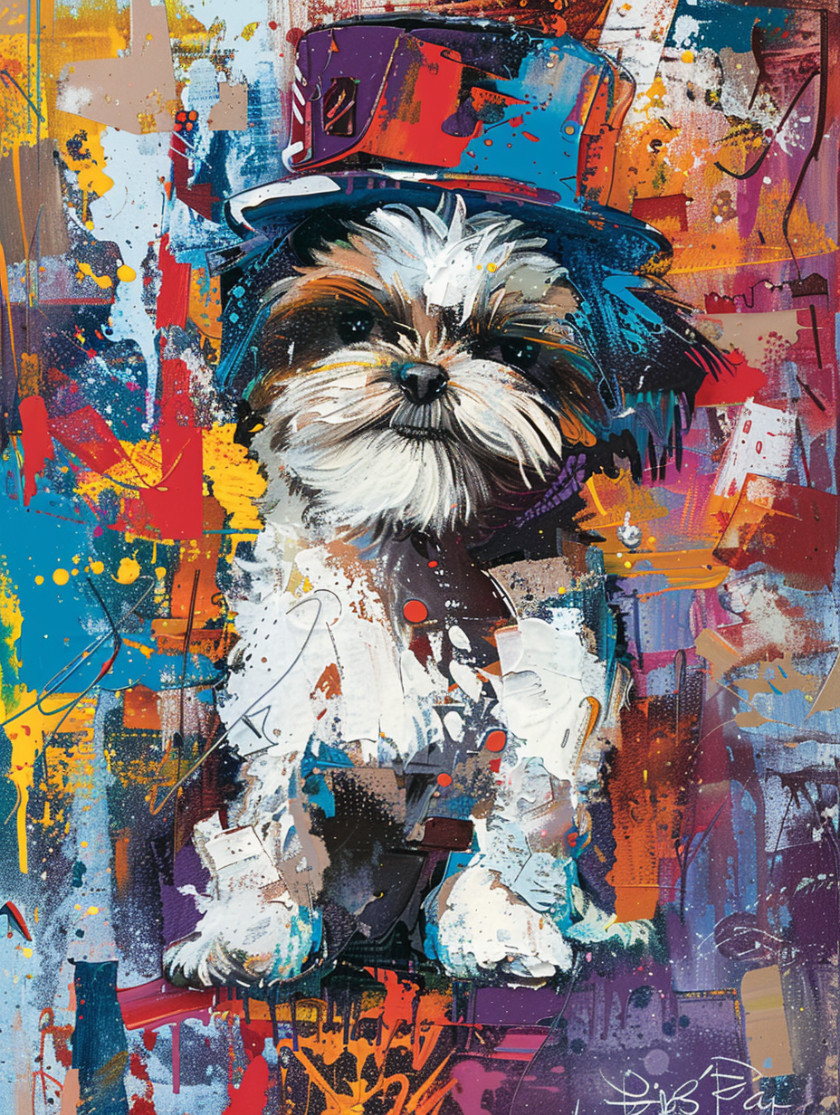 Colorful space Shih Tzu dog with a hat Expressive surreal Poster # F024409