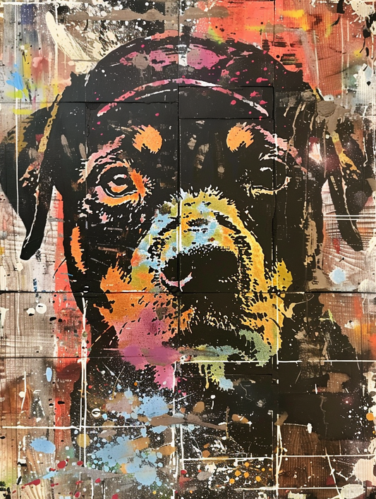 Colorful space Rottweiler dog with a hat Expressive surreal Poster # F024892