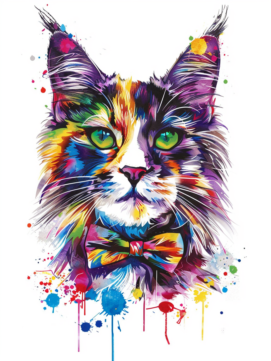 Colorful space Maine Coon cat with a bow tie Expressive surreal Poster # F024724