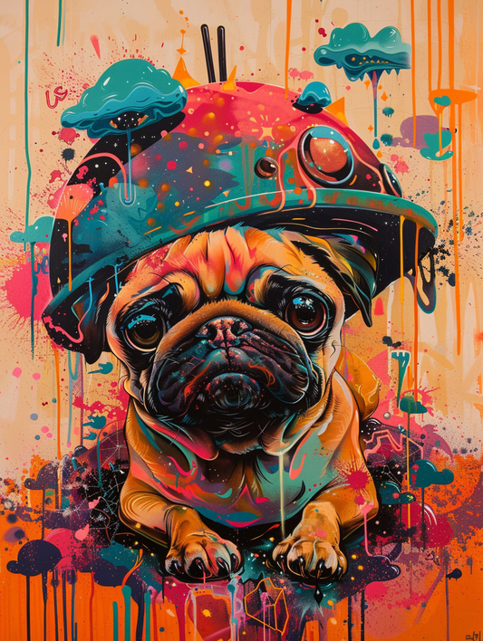 Colorful space Pug dog with a hat Expressive surreal Poster # F025503