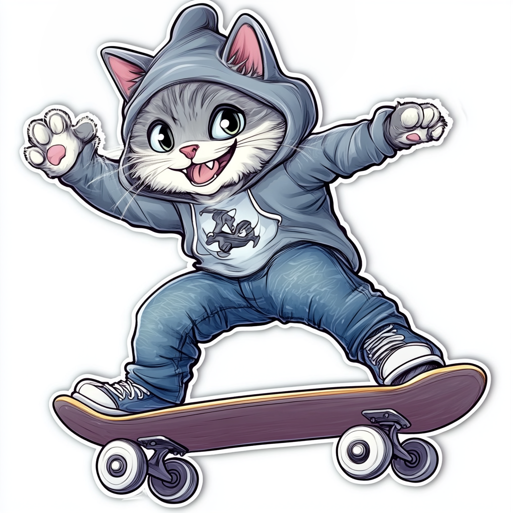 Cat wearing jeans and a hoodie skateboard Vinyl Decal Sticker for Car, Laptop, Tumbler and more # F025785