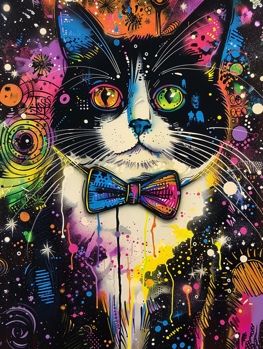 Colorful space Ragdoll cat with a bow tie Expressive surreal Poster # F024680