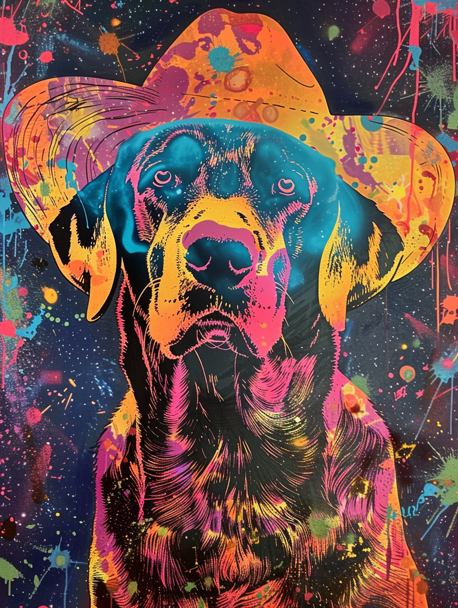 colorful space Labrador Retriever dog with a hat Expressive surreal Poster # F025175