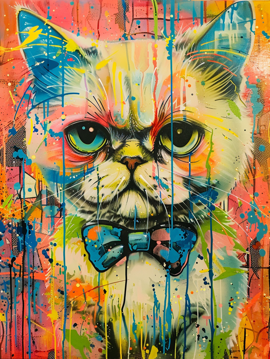 Colorful space Persian cat with a bow tie expressive surreal Poster # F024710