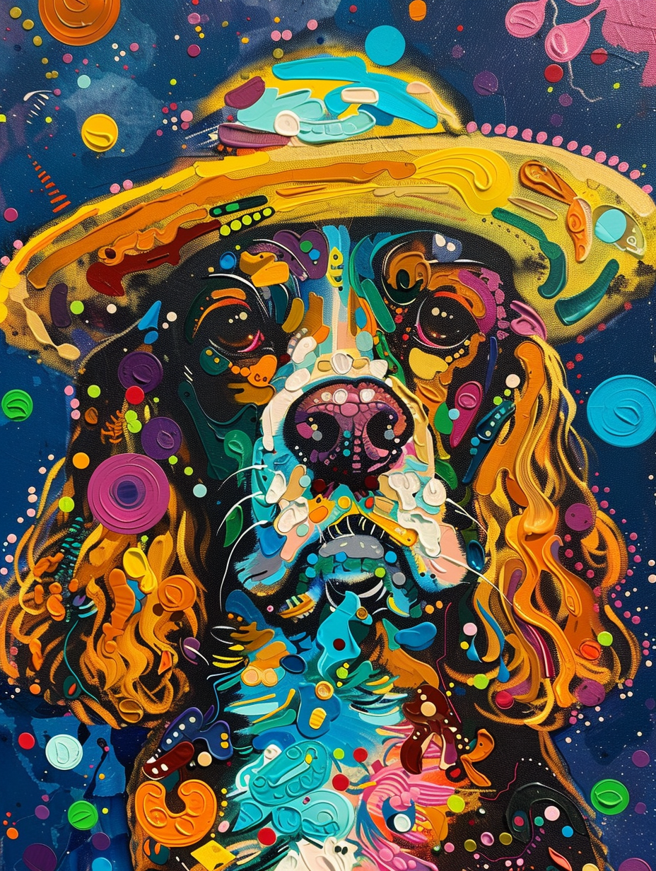 colorful space Cocker Spaniel dog with a hat Expressive surreal Poster # F025471