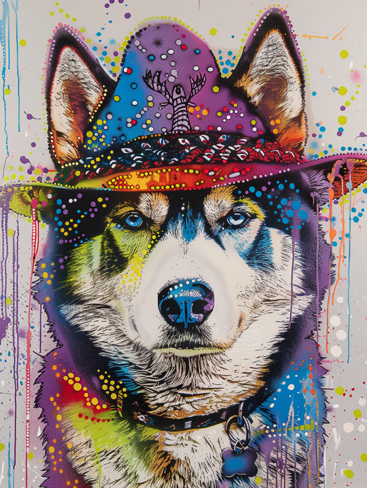 Colorful space Siberian Husky dog with a hat Expressive surreal Poster # F025107