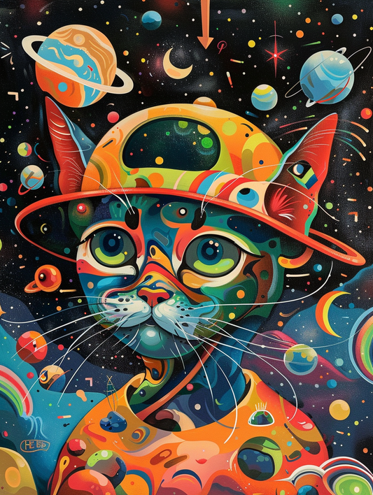 Colorful space Persian cat with a hat Expressive surreal Poster # F024593