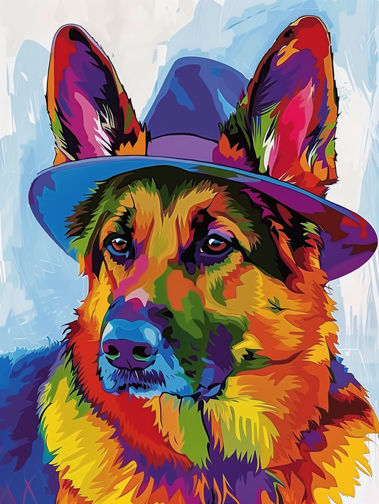Colorful space German Shepherd dog with a hat Expressive surreal Poster # F025198