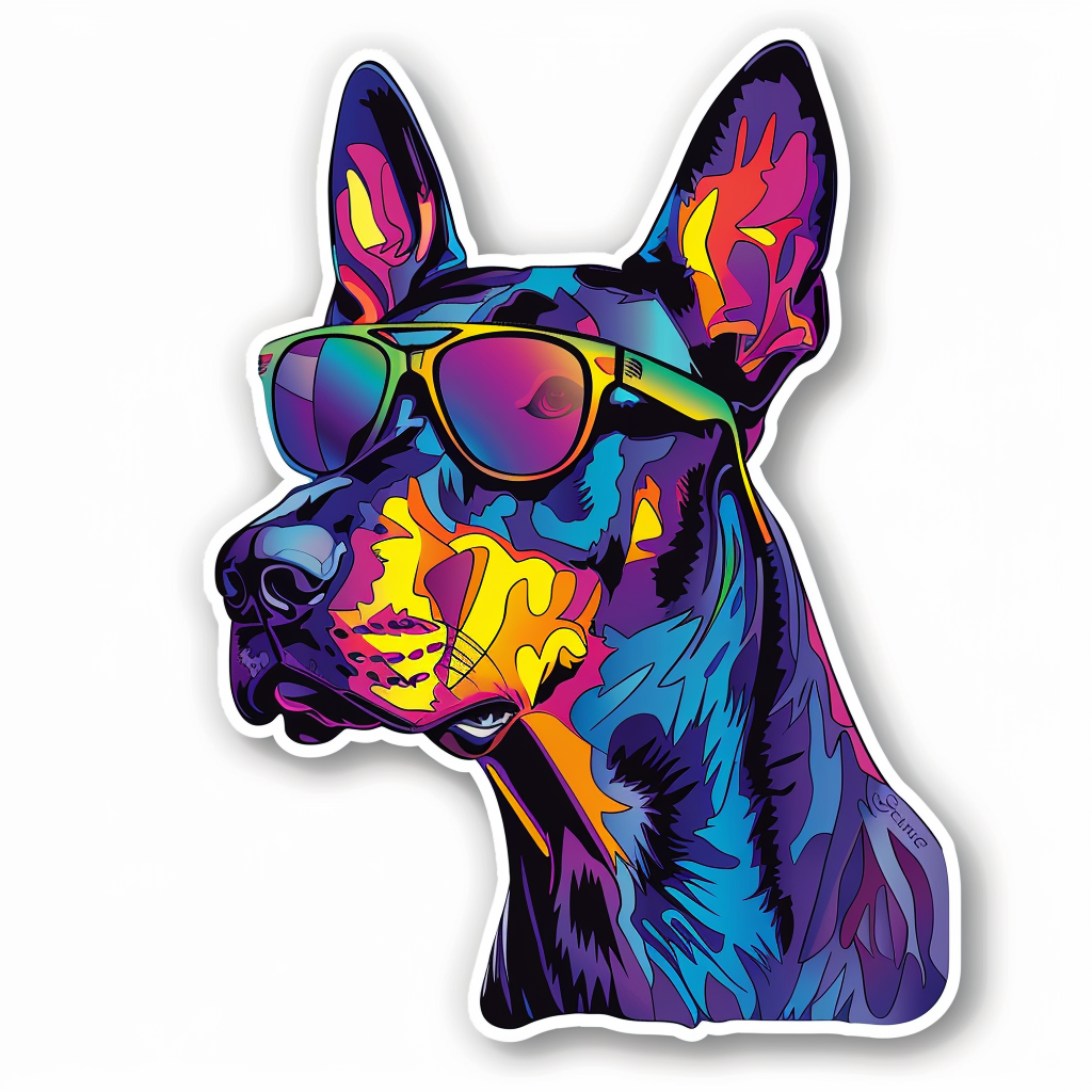 Sticker of a Doberman Pinscher Dog wearing sunglasses Expressive surreal Vinyl Decal Sticker for Car, Laptop, Tumbler and more # F019237