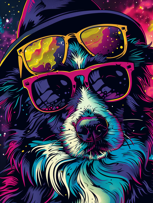 Colorful space Border Collie dog with a hat Expressive surreal Poster # F025143