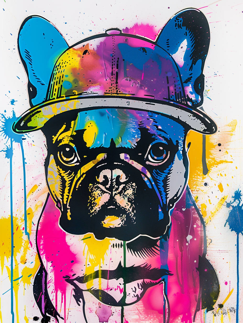 Colorful space French Bulldog dog with a hat Expressive surreal Poster # F025606