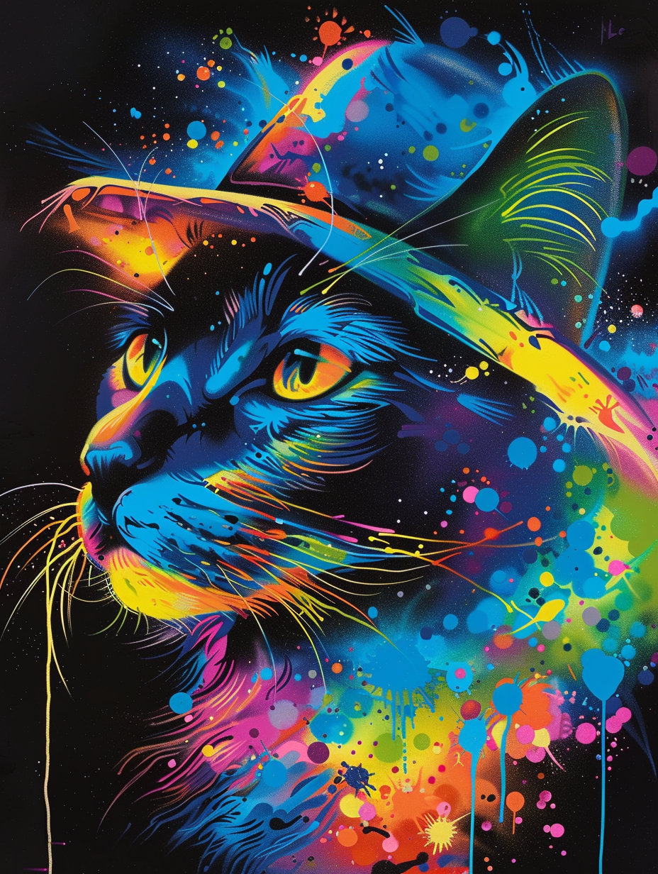 Colorful space Savannah cat with a hat Expressive surreal Poster # F025369