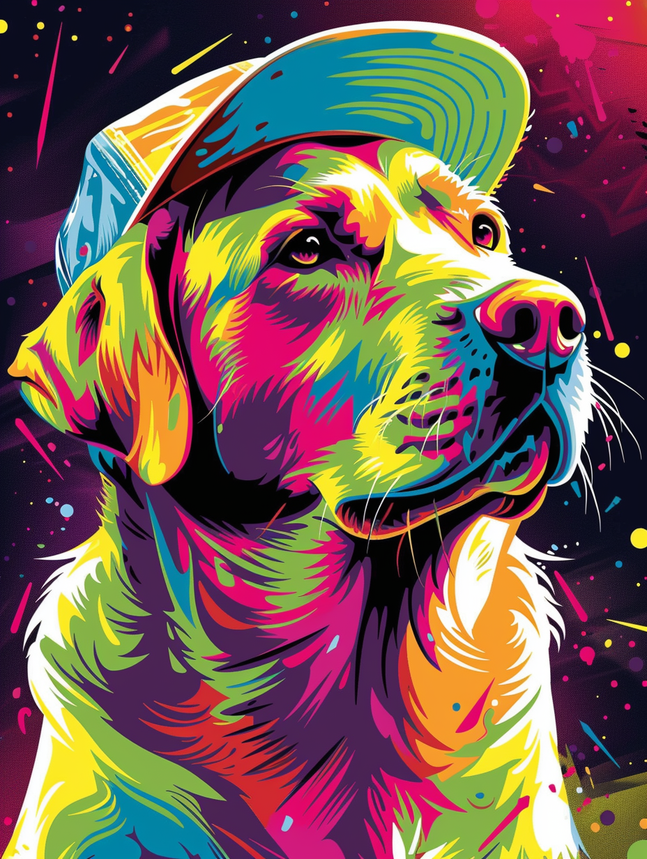 colorful space Labrador Retriever dog with a hat Expressive surreal Poster # F025424