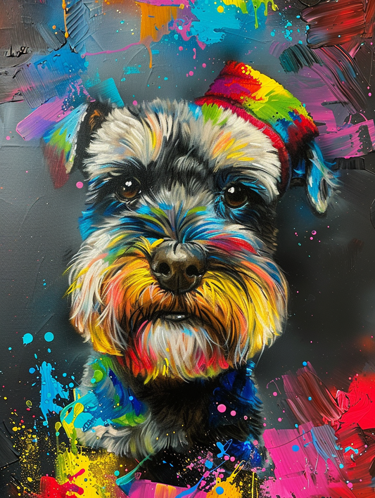 Colorful space Miniature Schnauzer dog with a hat Expressive surreal Poster # F024598