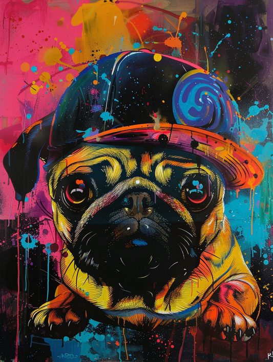 Colorful space Pug dog with a hat Expressive surreal by Hebru Brantle Poster # F024436