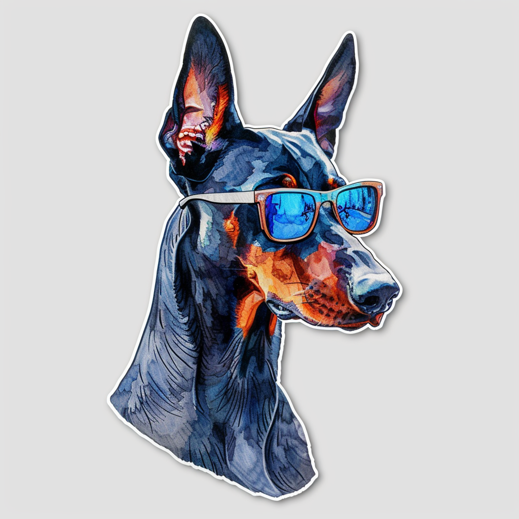 Sticker of a Doberman Pinscher Dog wearing sunglasses Expressive surreal Vinyl Decal Sticker for Car, Laptop, Tumbler and more # F019267