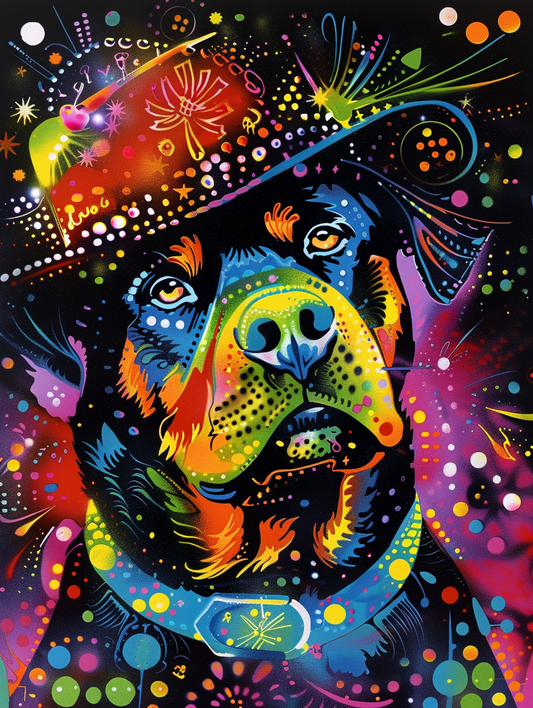 Colorful space Rottweiler dog with a hat Expressive surreal Poster # F024878