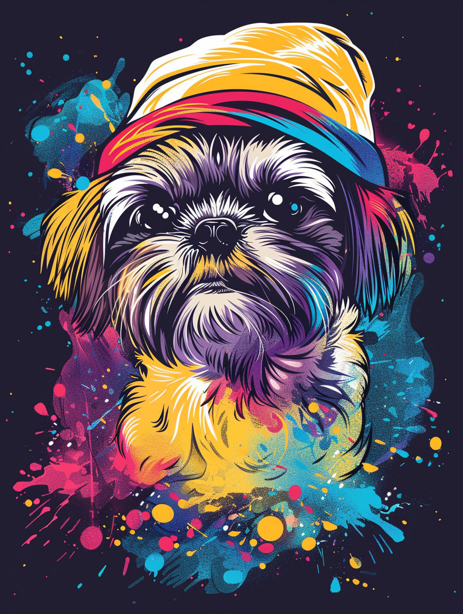 Colorful space Shih Tzu dog with a hat Expressive surreal Poster # F024581