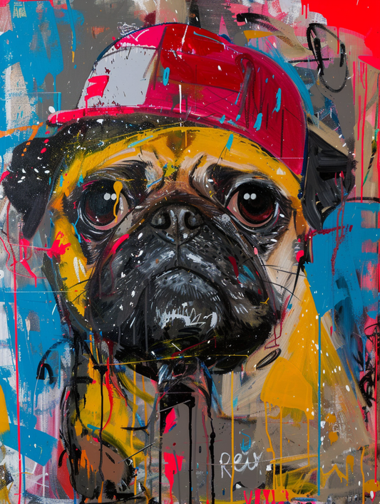 Colorful space Pug dog with a hat Expressive surreal Poster # F024433