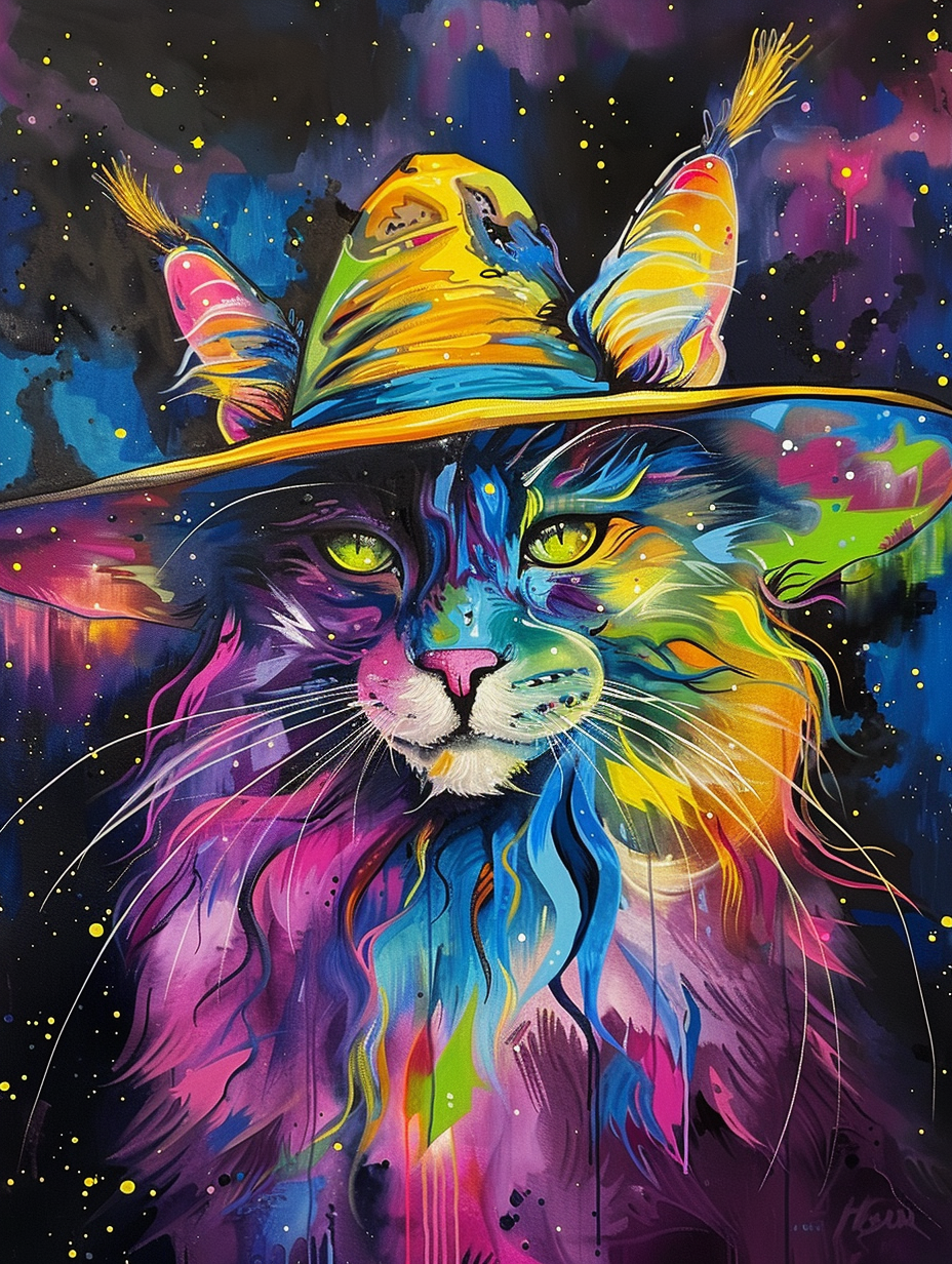 colorful space Maine Coon cat with a hat Expressive surreal Poster # F025278