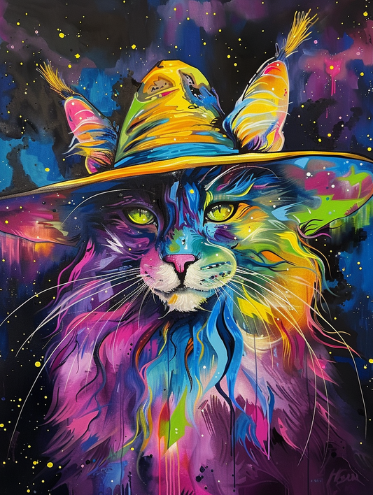 colorful space Maine Coon cat with a hat Expressive surreal Poster # F025278
