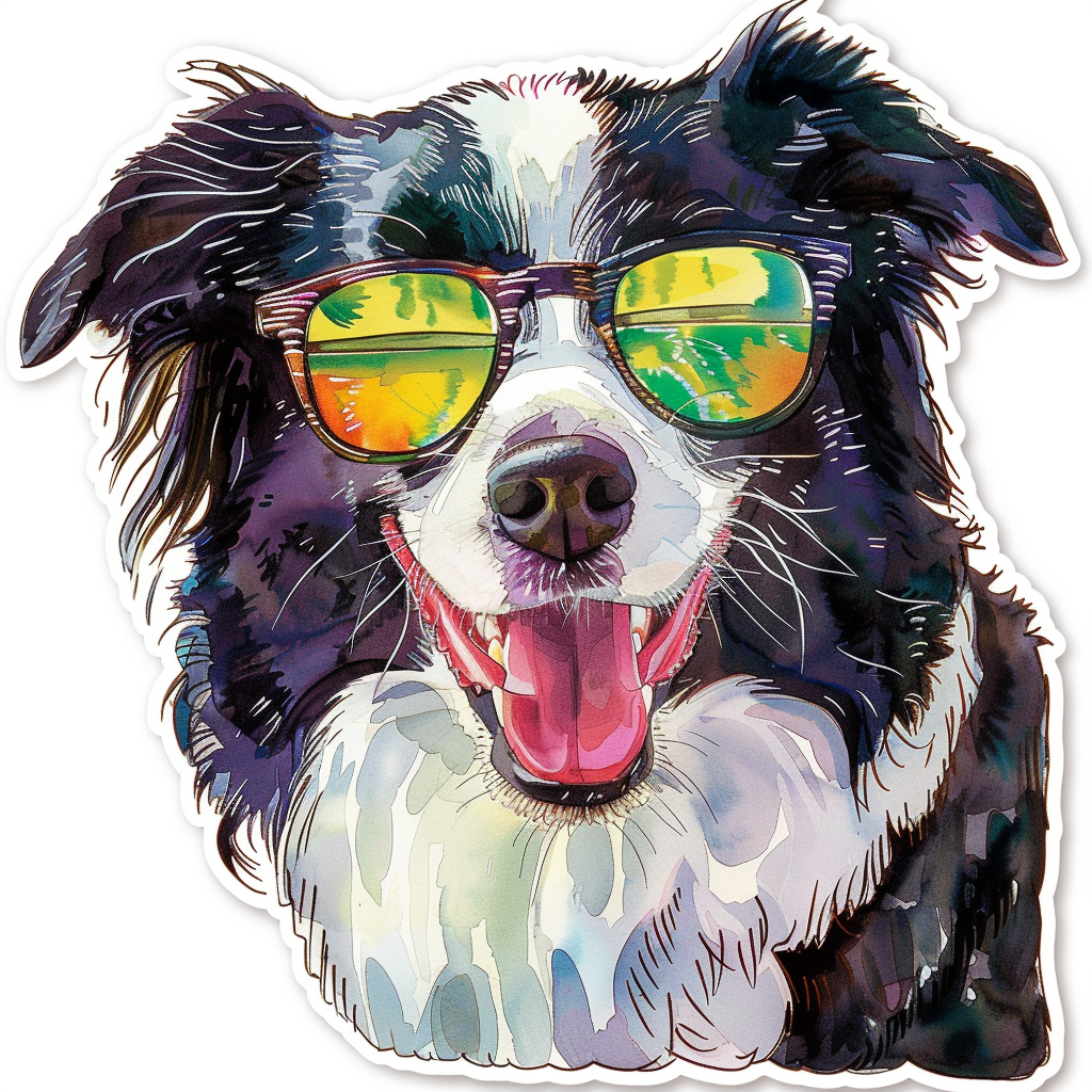 Border Collie Dog wearing sunglasses Expressive surreal Vinyl Decal Sticker for Car, Laptop, Tumbler and more # F021695-4" x 4"