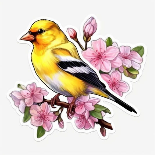 Washington American Goldfinch bird Coast Rhododendron flower  Vinyl Decal Sticker for Car, Laptop, Tumbler and more # 009907