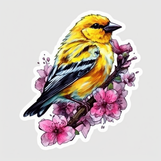 Washington American Goldfinch bird Coast Rhododendron flower  Vinyl Decal Sticker for Car, Laptop, Tumbler and more # 009860