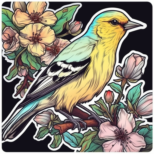 Washington American Goldfinch bird Coast Rhododendron flower  Vinyl Decal Sticker for Car, Laptop, Tumbler and more # 009910